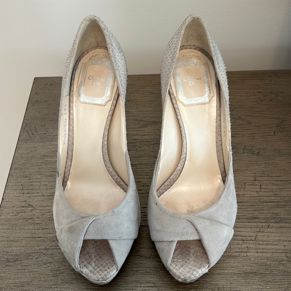Christian Dior silver suede peel toe heels